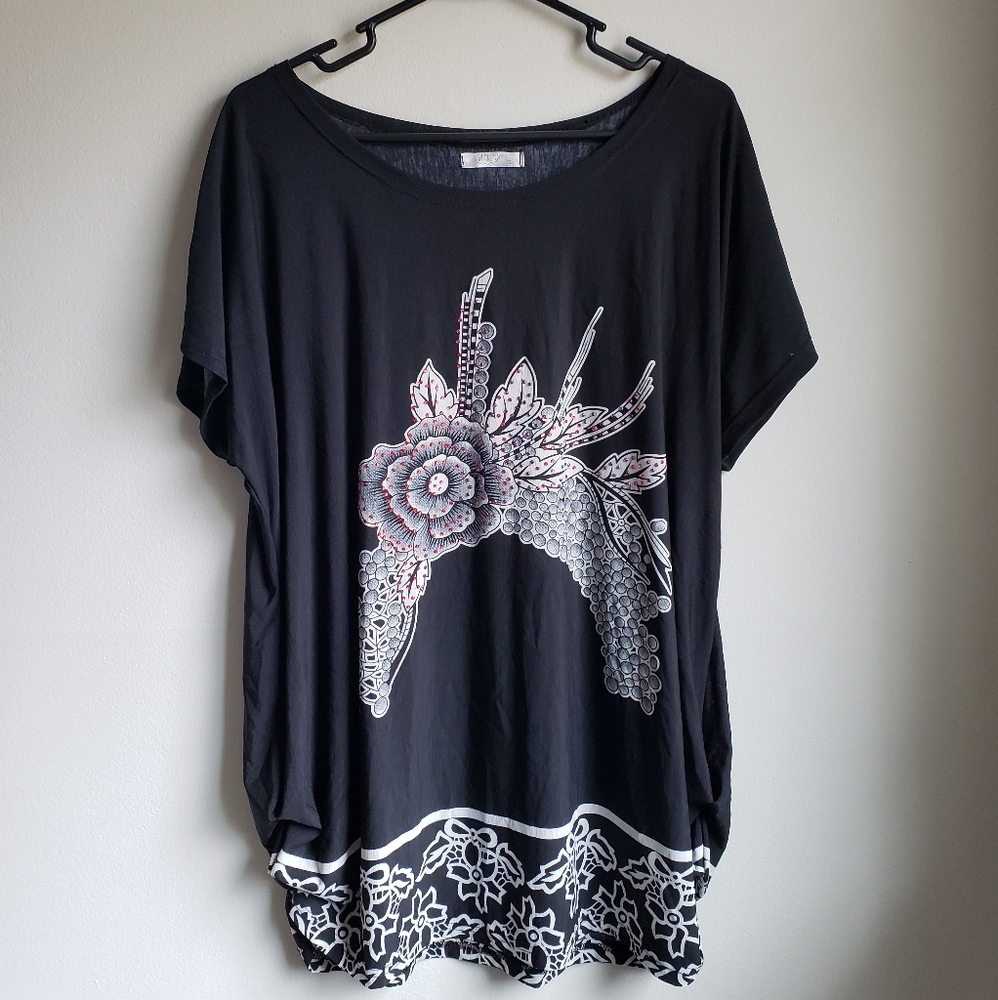 Black Jewelled Graphic Scoop Neck Blouse